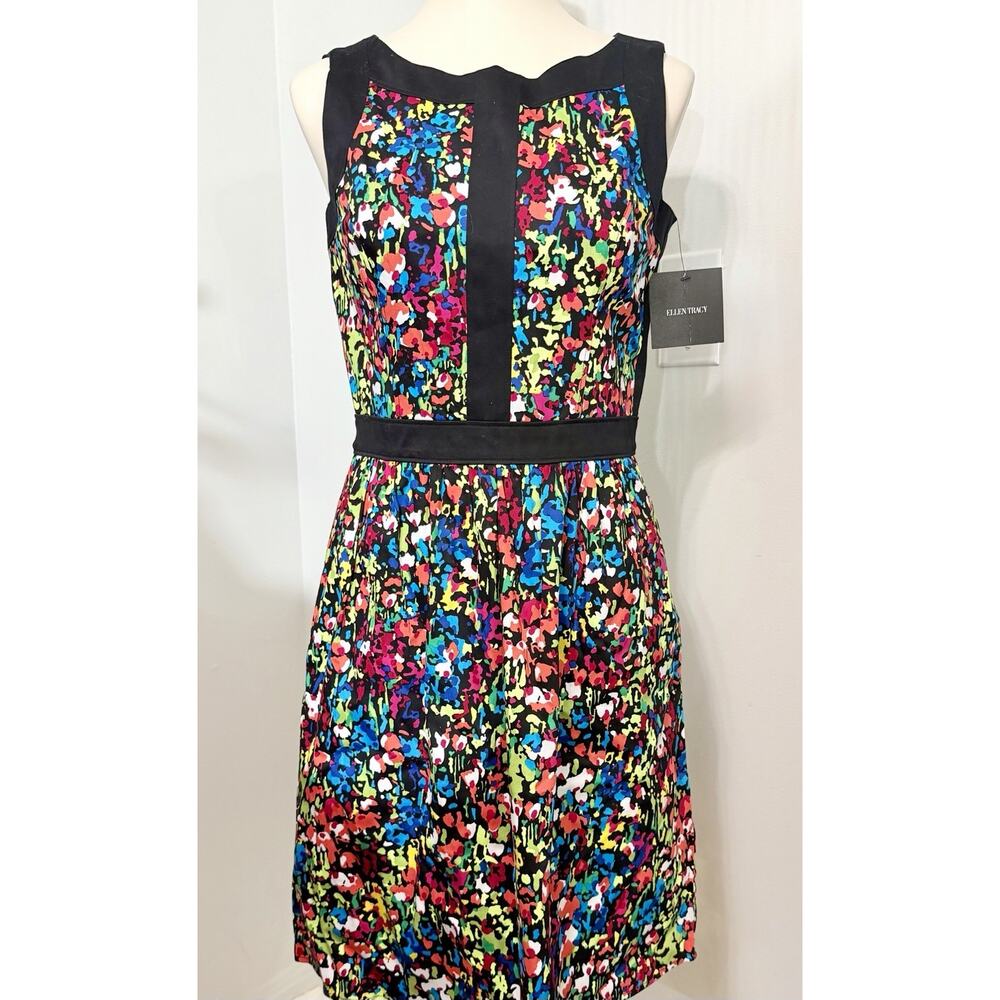 NWT Ellen Tracy Colorful Floral Spring Summer Garden Dress Black Trim Size 4